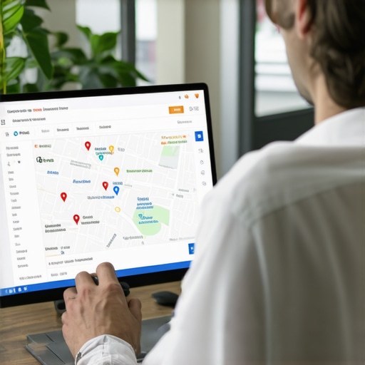 Business owner reviewing Google Maps analytics with Richmond landmarks in background.