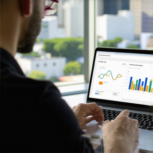 Business owner analyzing Richmond SEO data on a laptop with cityscape background.