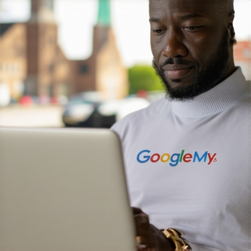 Richmond Business Owner Optimizing GMB Profile Richmond business owner updating Google My Business profile on laptop with local landmarks.