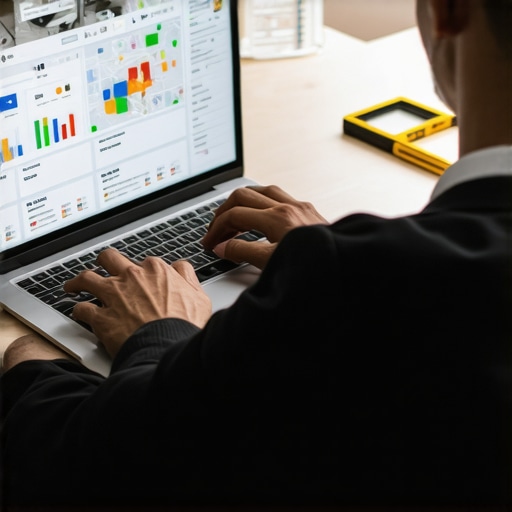 Digital marketer reviewing local SEO data on a laptop, focusing on maps and performance charts.