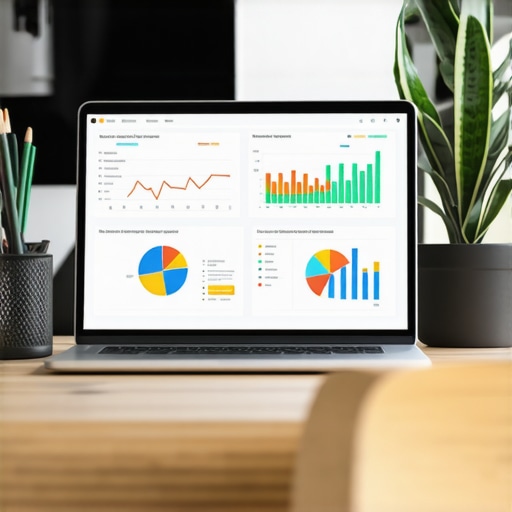 A workspace with a laptop showing local SEO analytics and monitoring tools.