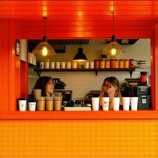 Richmond Coffee Shop Exterior Exterior view of a busy Richmond coffee shop bustling with customers.