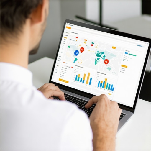 Business owner reviewing SEO analytics and maps on a laptop