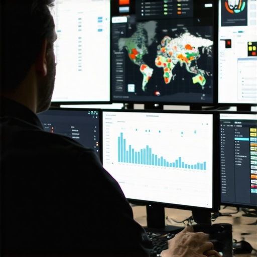 Analyzing Local SEO Data Digital marketer reviewing SEO analytics on multiple screens with maps and graphs.