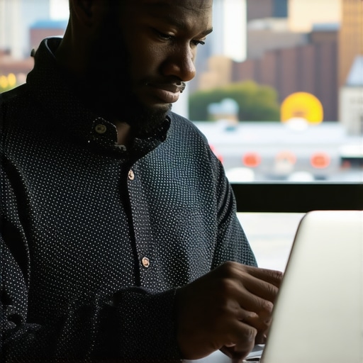 Optimizing Richmond GMB Profile Richmond business owner updating Google My Business profile with city landmarks visible in the background.