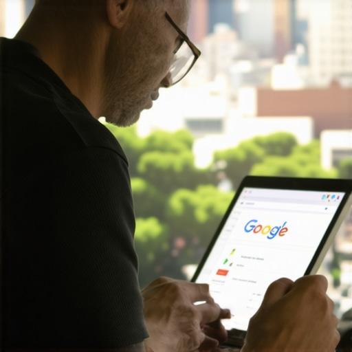 A business owner in Richmond optimizing their Google My Business profile on a laptop with city skyline