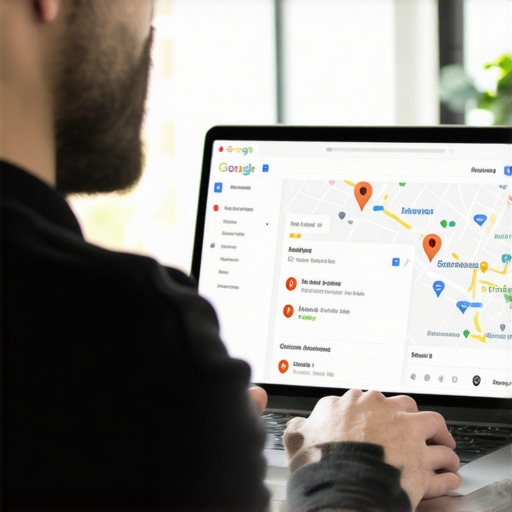 Richmond business owner working on Google My Business profile on a laptop with Google Maps on monitor