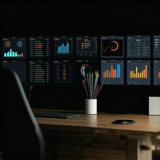 SEO tools for local business management A workspace with screens displaying SEO analytics, ranking graphs, and review management dashboards.