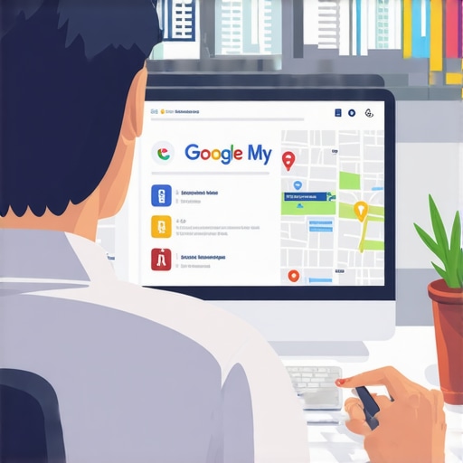 Business owner editing Google My Business profile on computer with Richmond landmarks.