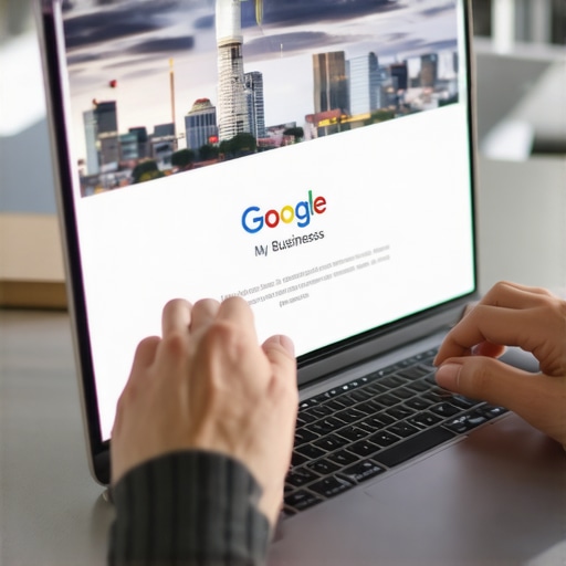 Person updating Google My Business profile with Richmond skyline in the background.