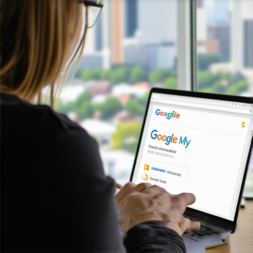 Person updating Google My Business profile with Richmond cityscape backdrop.