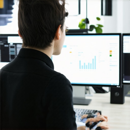 A professional analyzing SEO metrics and rankings on screens in a Richmond office during the day.