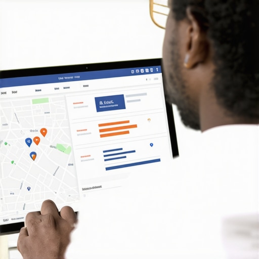 Digital marketing professional reviewing SEO analytics on a computer with Richmond city map on screen.