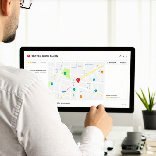 Businessman reviewing local SEO analytics with Richmond city map on screen.