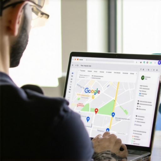 Business owner working on Google My Business profile with maps and SEO tools in Richmond, Virginia.