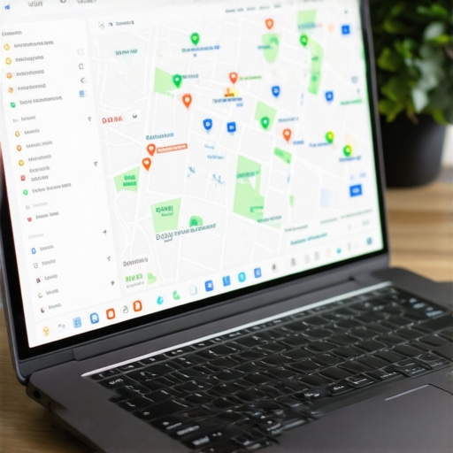 A workspace with a laptop displaying SEO analytics, Richmond city map, and review tools for local SEO