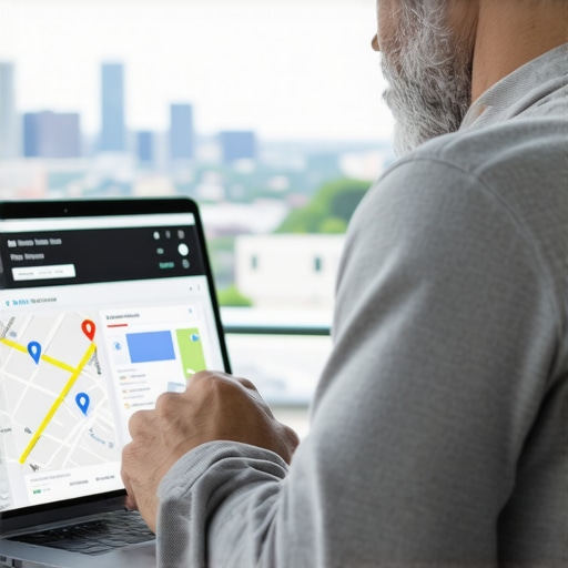 Business owner updating Google Maps profile on laptop amidst Richmond cityscape.